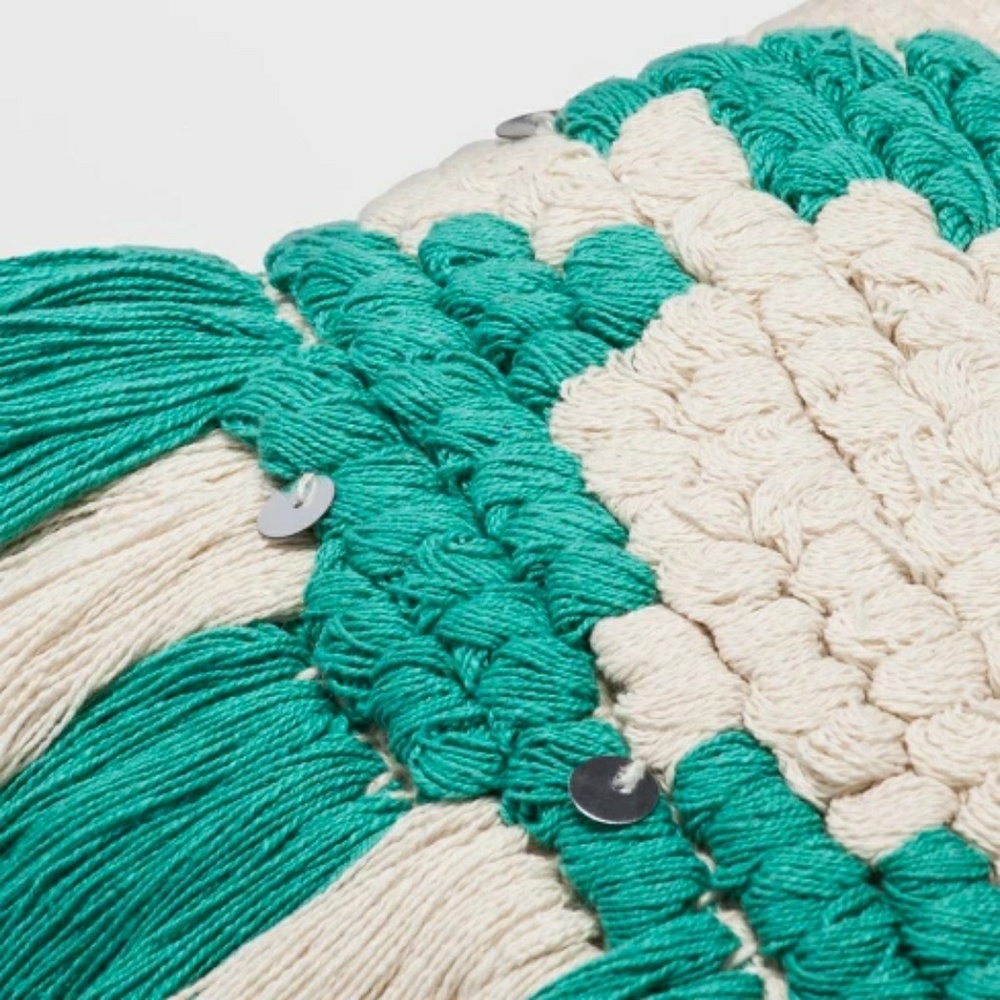 New Teal Fringe Small Lumbar Pillow Accent - Picture 2 of 3